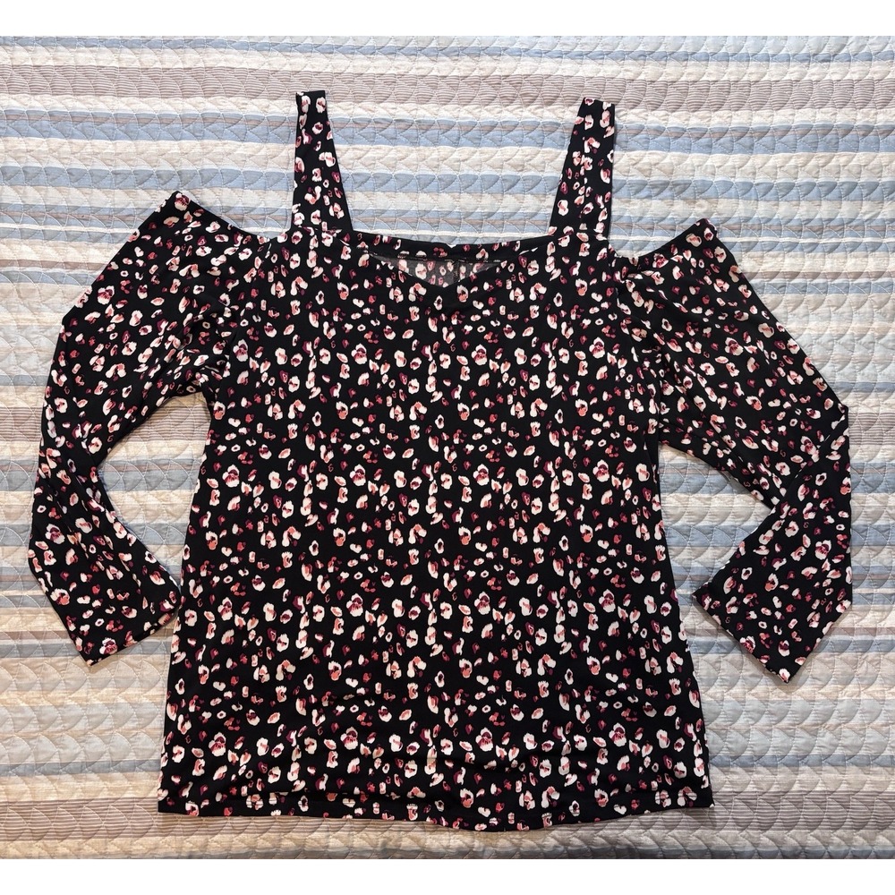 NWT Lane Bryant 26/28 Leopard Print Cold Shoulder Top Plus Size Black Pink